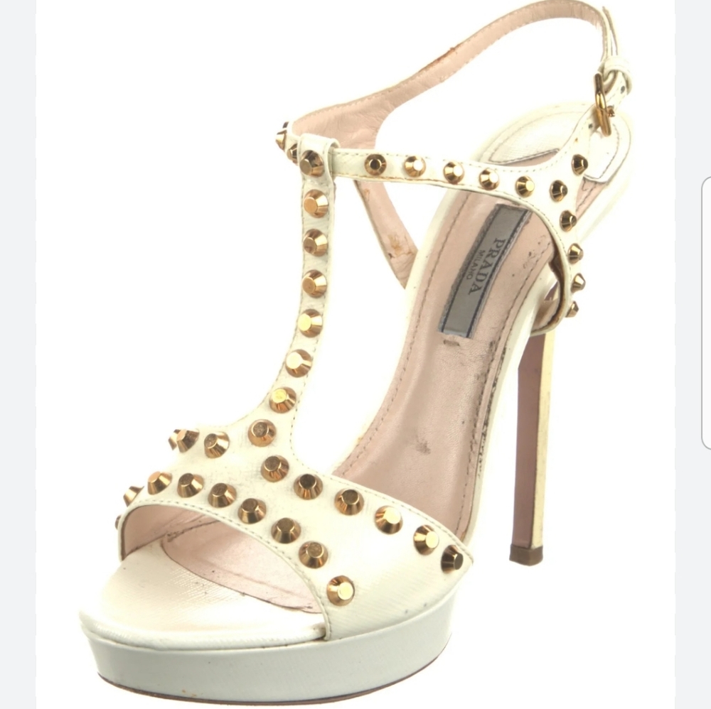 PRADA Cream Stiletto Heel with Gold Studs EU 38.5